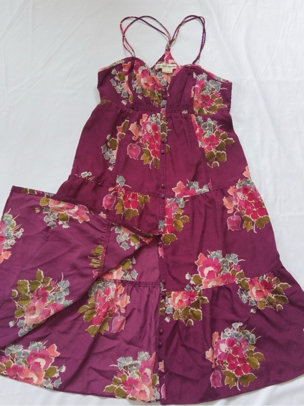 American Eagle Plum Floral Button-Front Spaghetti Strap Dress